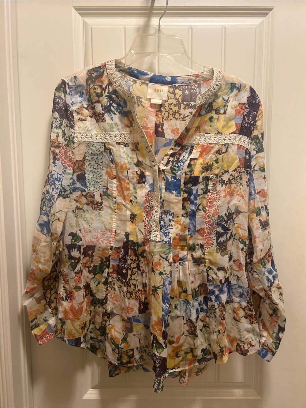 Maeve Floral Patchwork peplum crochet-Trim Blouse